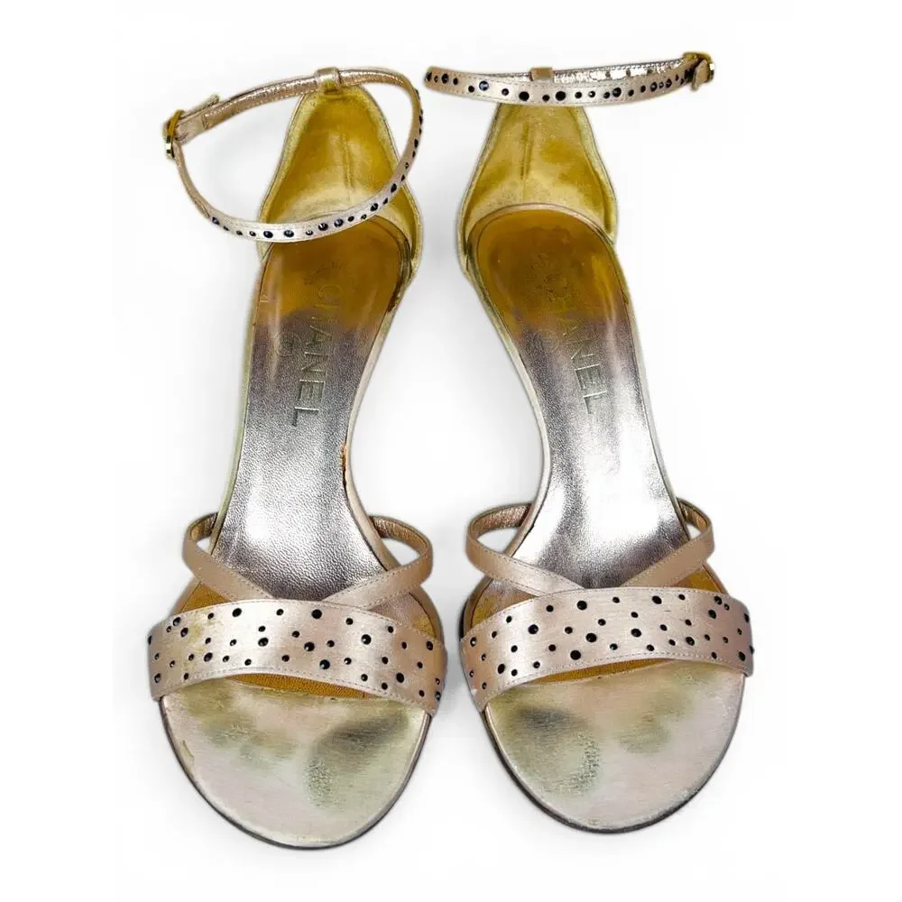 Chanel Crystal Camellia Satin Strass Ankle Strap Heels Champagne Gold EU 36.5